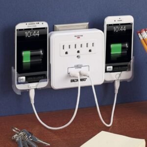 Wall Outlet Extender with Phone Holders - 3 Outlet Power Strip / Charging Station
