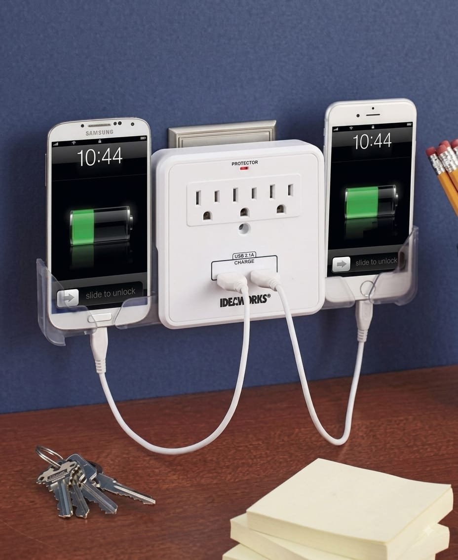 Wall Outlet Extender with Phone Holders - 3 Outlet Power Strip / Charging Station